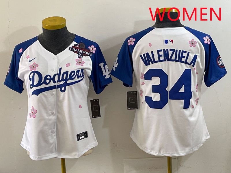Women Los Angeles Dodgers #34 Valenzuela White Blue Sakura Edition 2025 Nike MLB Jersey style 36